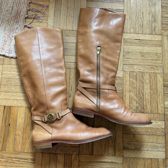 COACH Mysie Tan soft LEATHER Tall Riding Boots Zippers Cross Straps 7.5 - Picture 2 of 6